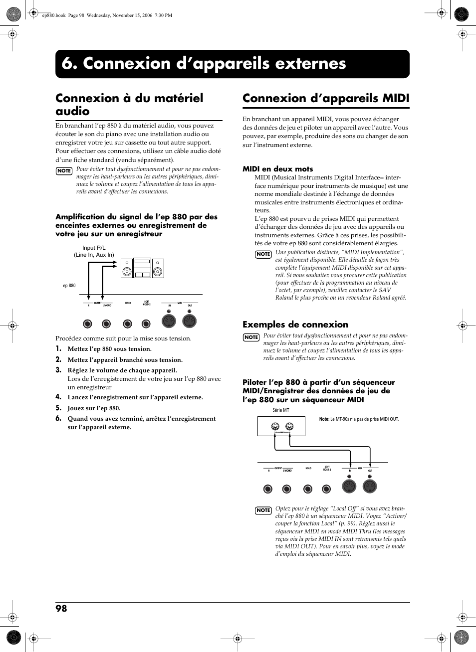 Connexion d’appareils externes, Connexion à du matériel audio, Connexion d’appareils midi | Exemples de connexion | Roland EP-880 User Manual | Page 98 / 216