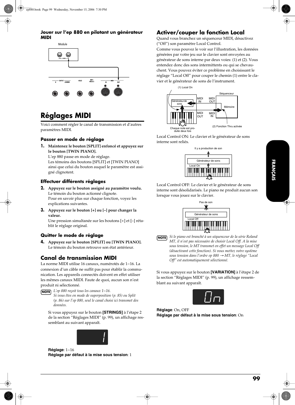 Réglages midi, P. 99, Canal de transmission midi | Activer/couper la fonction local | Roland EP-880 User Manual | Page 99 / 216