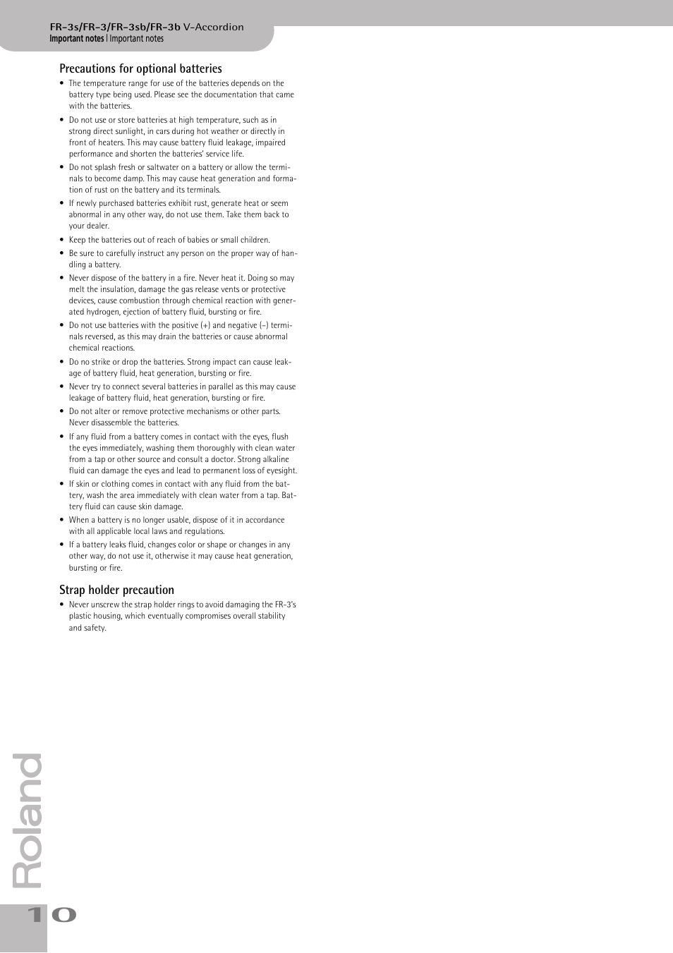 Precautions for optional batteries, Strap holder precaution | Roland FR-3sb User Manual | Page 10 / 66