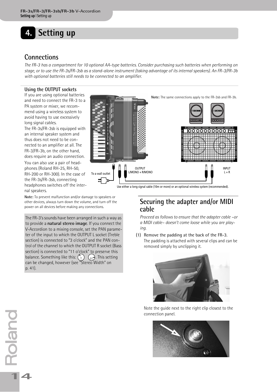 Setting up, Connections, Using the output sockets | Securing the adapter and/or midi cable, Connections securing the adapter and/or midi cable | Roland FR-3sb User Manual | Page 14 / 66