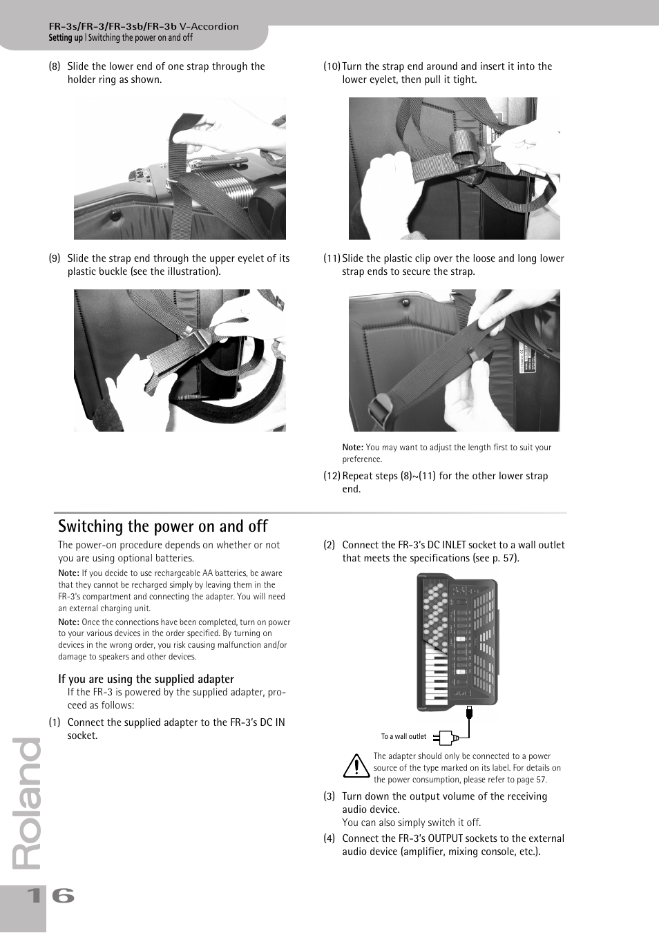 Switching the power on and off, If you are using the supplied adapter | Roland FR-3sb User Manual | Page 16 / 66