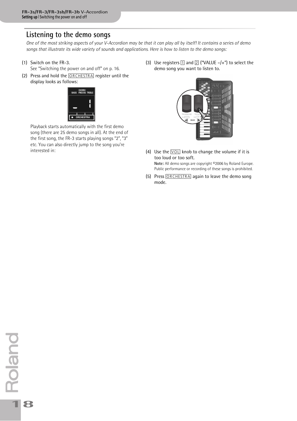 Listening to the demo songs, Function (see p. 18) and select a demo song using | Roland FR-3sb User Manual | Page 18 / 66