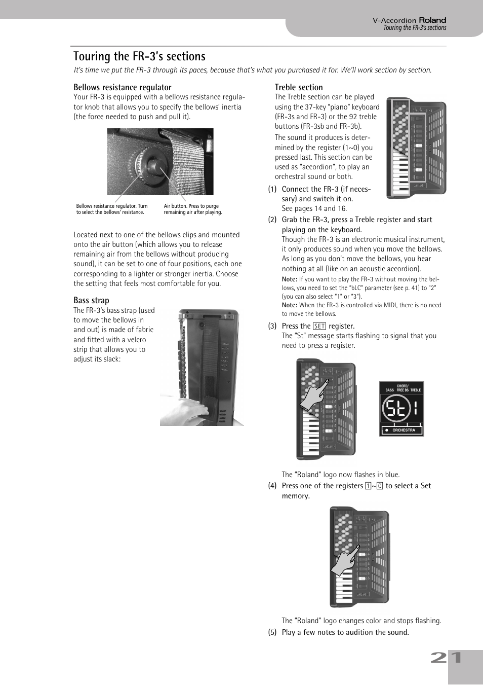 Touring the fr3’s sections, Bellows resistance regulator, Bass strap | Treble section, Touring the fr-3’s sections, See p. 21) | Roland FR-3sb User Manual | Page 21 / 66