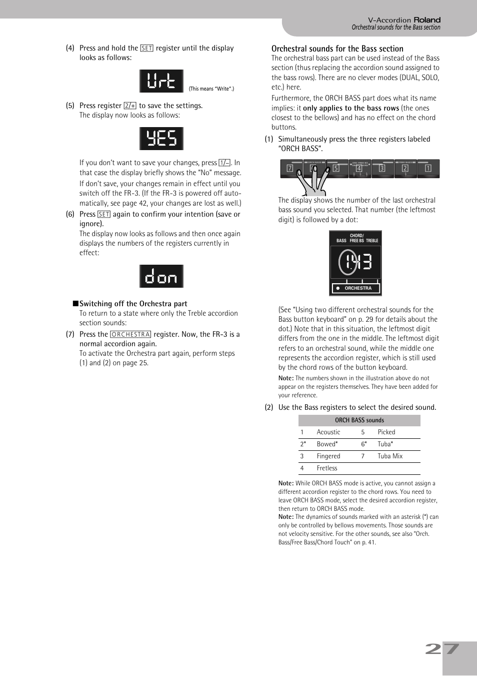 Orchestral sounds for the bass section, Mode (see p. 27), Yes don | Roland FR-3sb User Manual | Page 27 / 66
