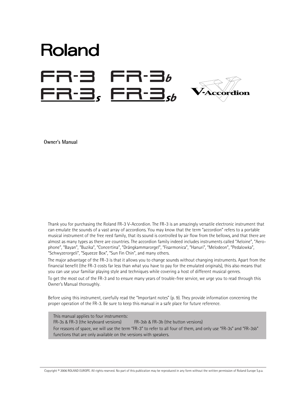 Roland FR-3sb User Manual | Page 3 / 66