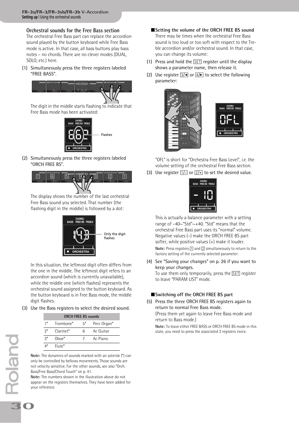 Orchestral sounds for the free bass section | Roland FR-3sb User Manual | Page 30 / 66