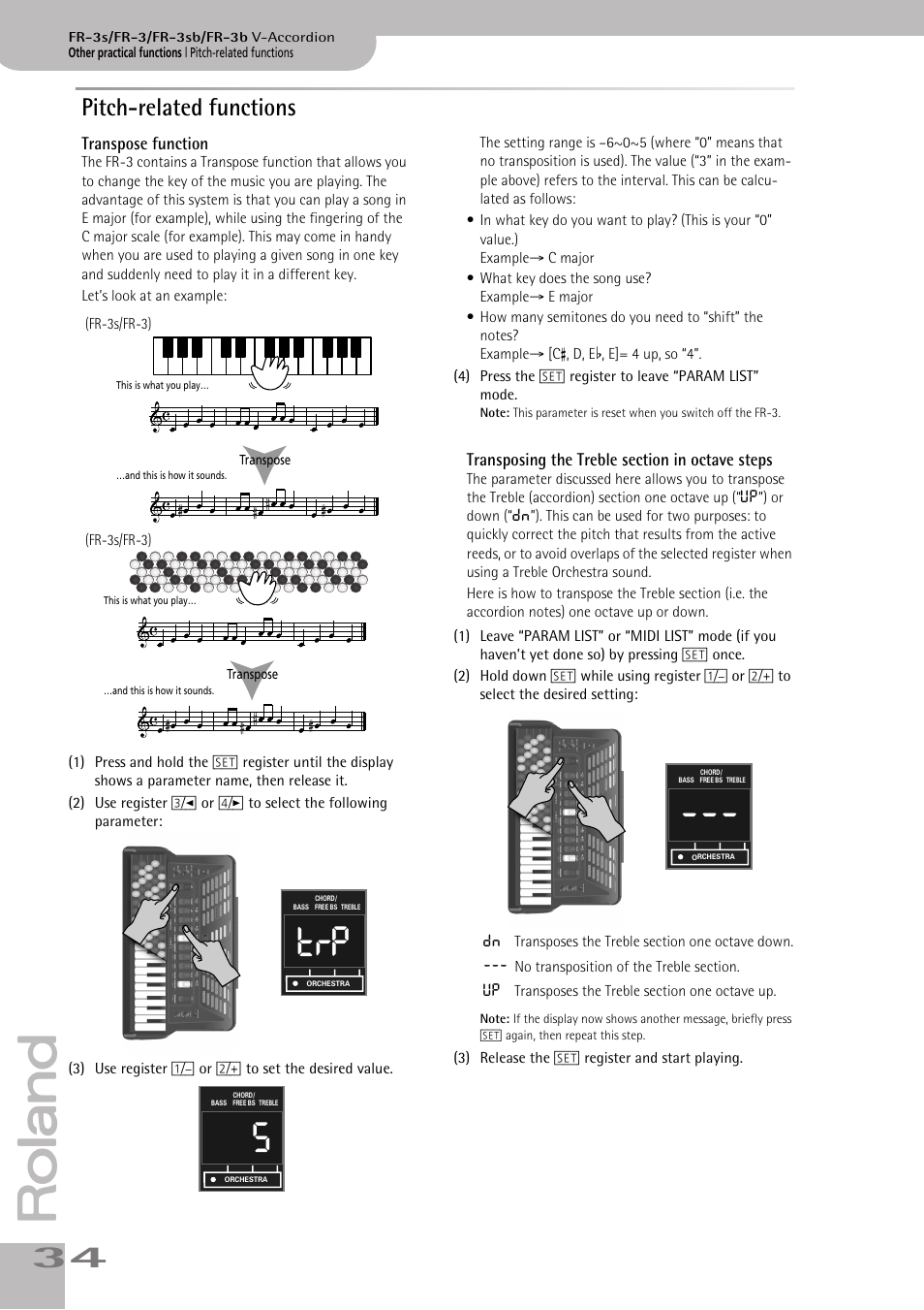 Pitch-related functions, Transpose function, Transposing the treble section in octave steps | Roland FR-3sb User Manual | Page 34 / 66