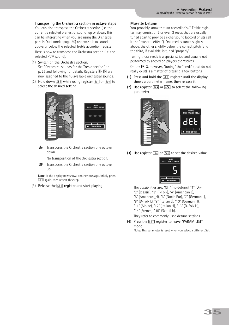 Transposing the orchestra section in octave steps, Musette detune | Roland FR-3sb User Manual | Page 35 / 66