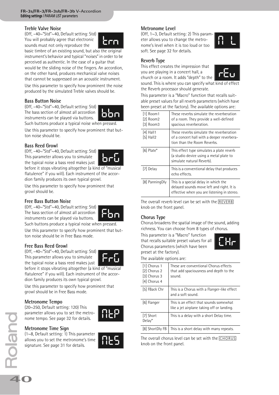 Treble valve noise, Bass button noise, Bass reed growl | Free bass button noise, Free bass reed growl, Metronome tempo, Metronome time sign, Metronome level, Reverb type, Chorus type | Roland FR-3sb User Manual | Page 40 / 66