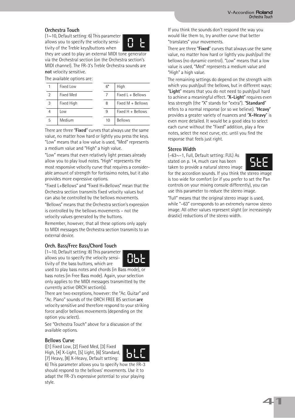Orchestra touch, Orch. bass/free bass/chord touch, Bellows curve | Stereo width, O t obt blc ste | Roland FR-3sb User Manual | Page 41 / 66