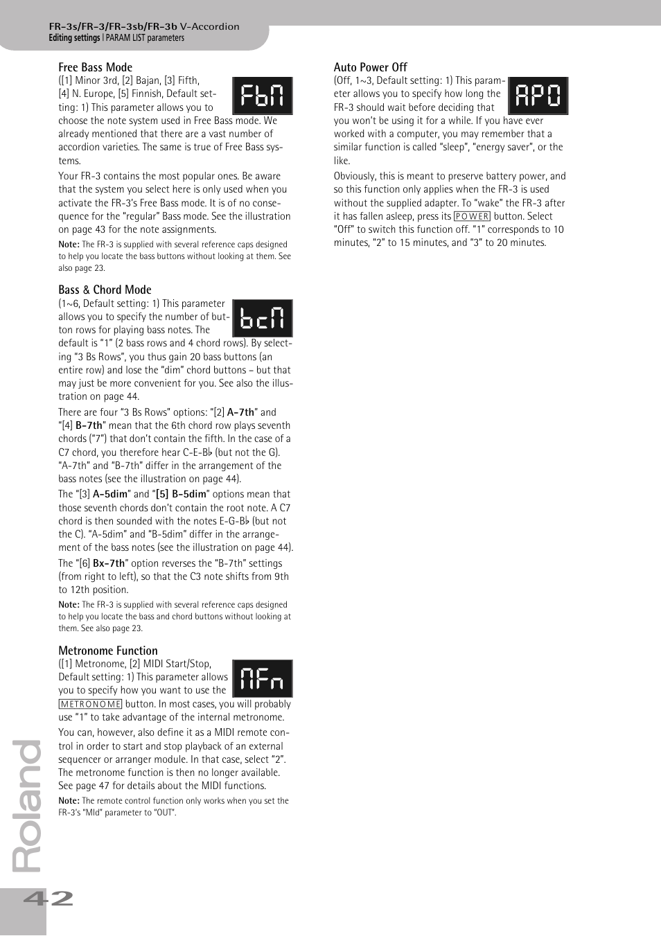 Free bass mode, Bass & chord mode, Metronome function | Auto power off, Fbm bcm mfn apo | Roland FR-3sb User Manual | Page 42 / 66