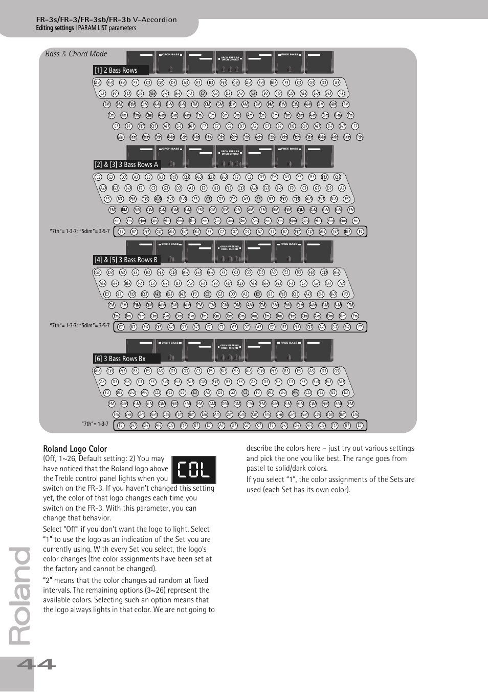 Roland logo color, Bass & chord mode, Editing settings | param list parameters | Fr-3s/fr-3/fr-3sb/fr-3b v-accordion | Roland FR-3sb User Manual | Page 44 / 66