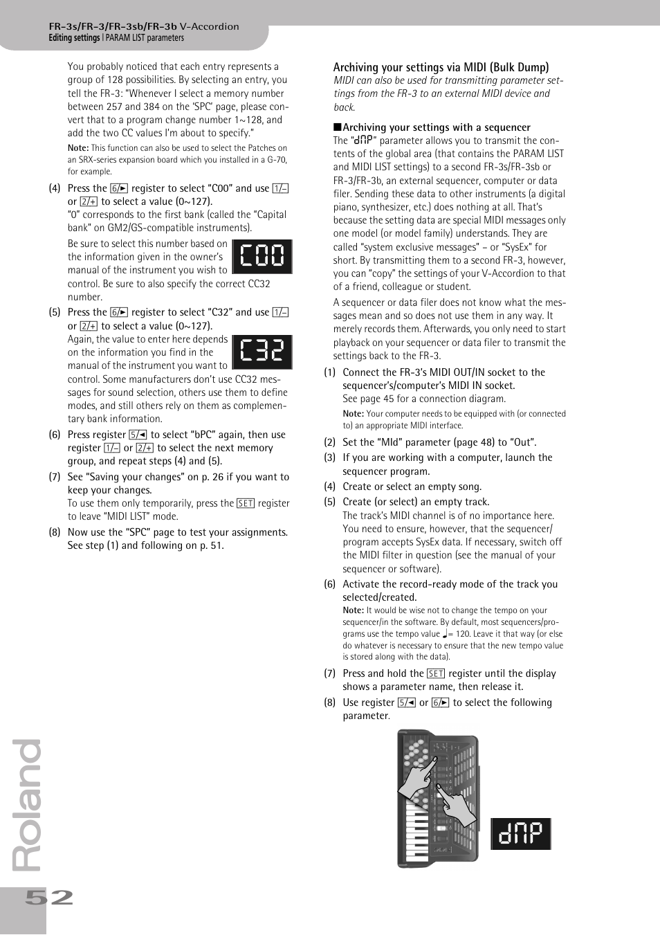 Archiving your settings via midi (bulk dump), C00 c32 dmp | Roland FR-3sb User Manual | Page 52 / 66