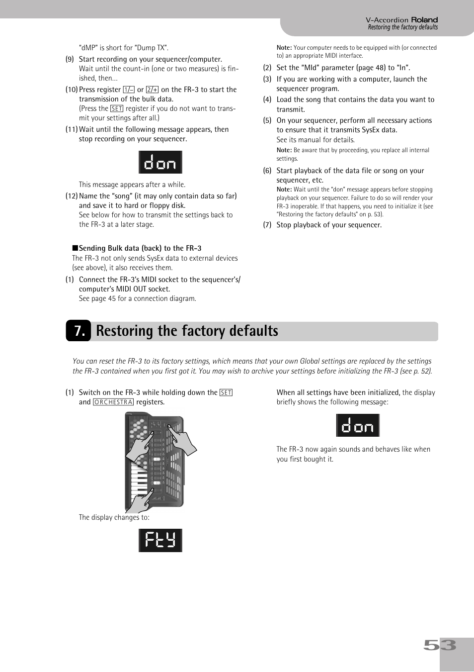 Restoring the factory defaults, Don fty don | Roland FR-3sb User Manual | Page 53 / 66