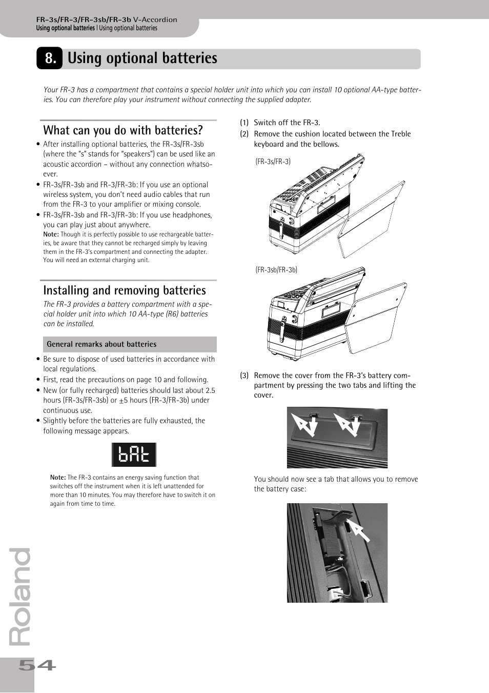 Using optional batteries, What can you do with batteries, Installing and removing batteries | Roland FR-3sb User Manual | Page 54 / 66