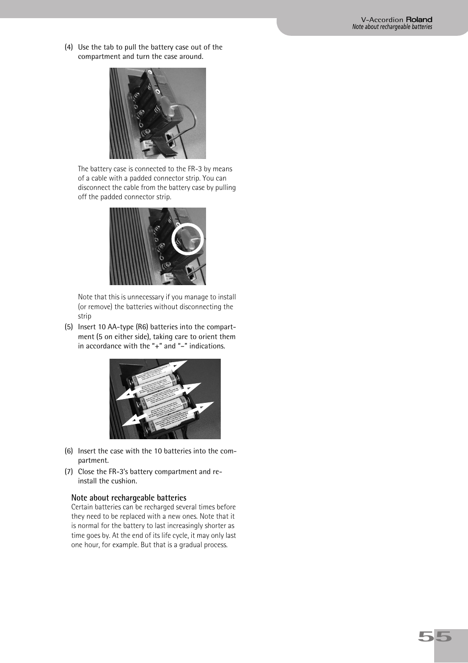 Note about rechargeable batteries | Roland FR-3sb User Manual | Page 55 / 66