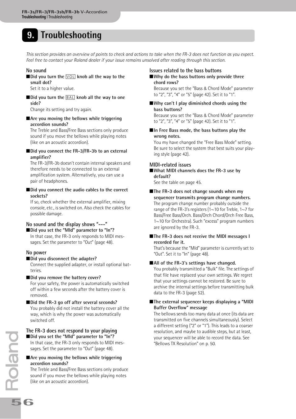 Troubleshooting | Roland FR-3sb User Manual | Page 56 / 66