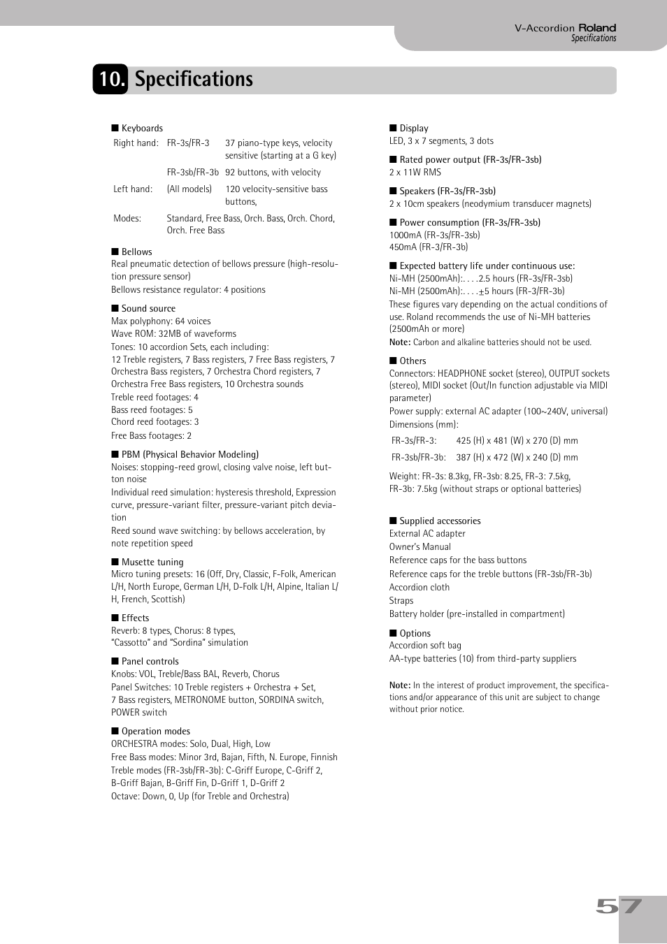 Specifications, 57 10. specifications | Roland FR-3sb User Manual | Page 57 / 66