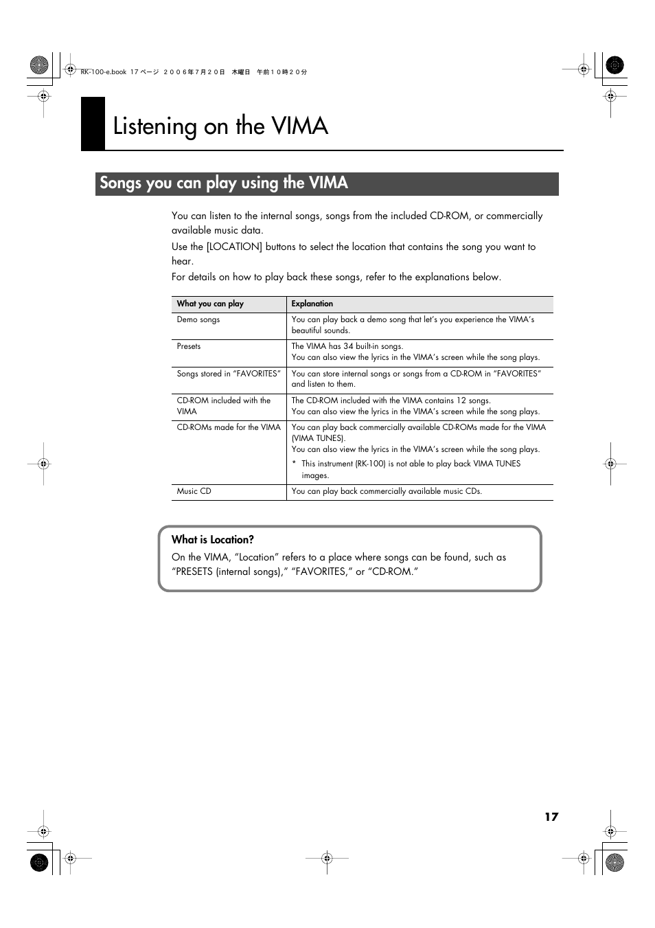 Listening on the vima, Songs you can play using the vima | Roland VIMA RK-100 User Manual | Page 17 / 76