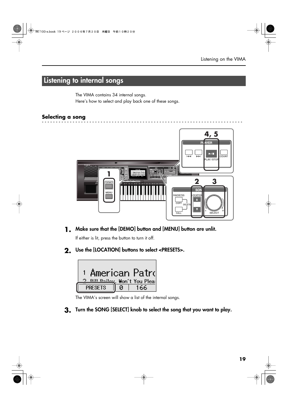 Listening to internal songs, Favorites (p. 19, p. 30) | Roland VIMA RK-100 User Manual | Page 19 / 76