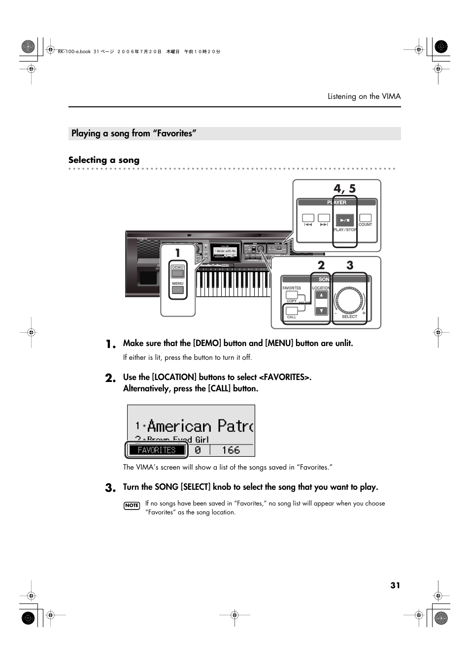 Playing a song from “favorites | Roland VIMA RK-100 User Manual | Page 31 / 76