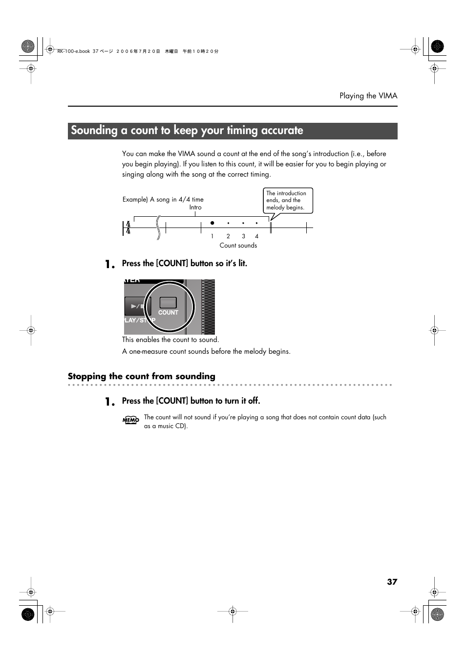 Sounding a count to keep your timing accurate, At the correct timing (p. 37) | Roland VIMA RK-100 User Manual | Page 37 / 76