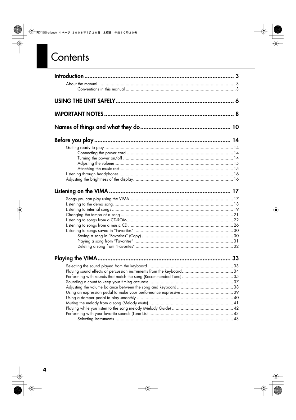 Roland VIMA RK-100 User Manual | Page 4 / 76