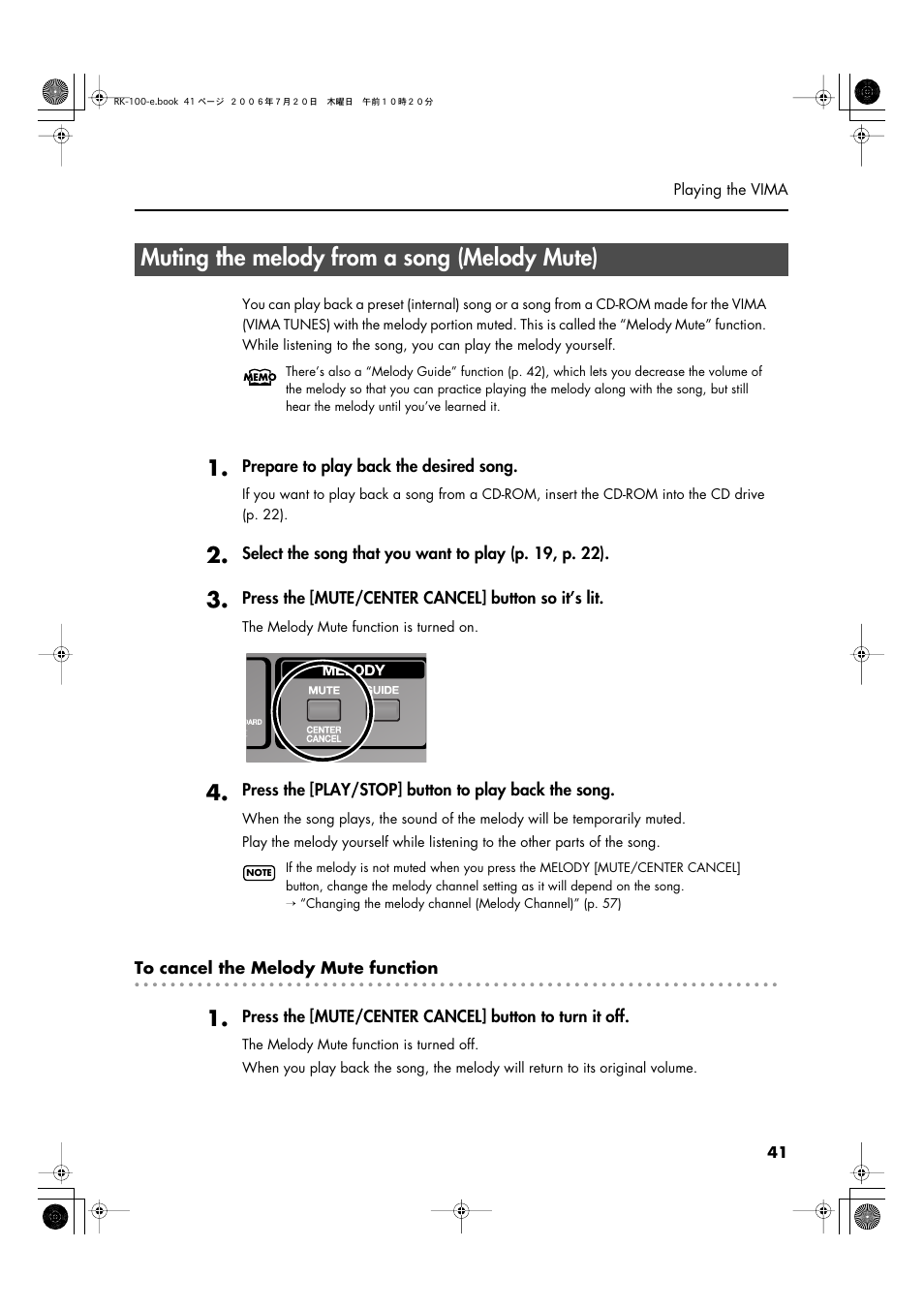 Muting the melody from a song (melody mute), Of a song (p. 41, p. 42) | Roland VIMA RK-100 User Manual | Page 41 / 76