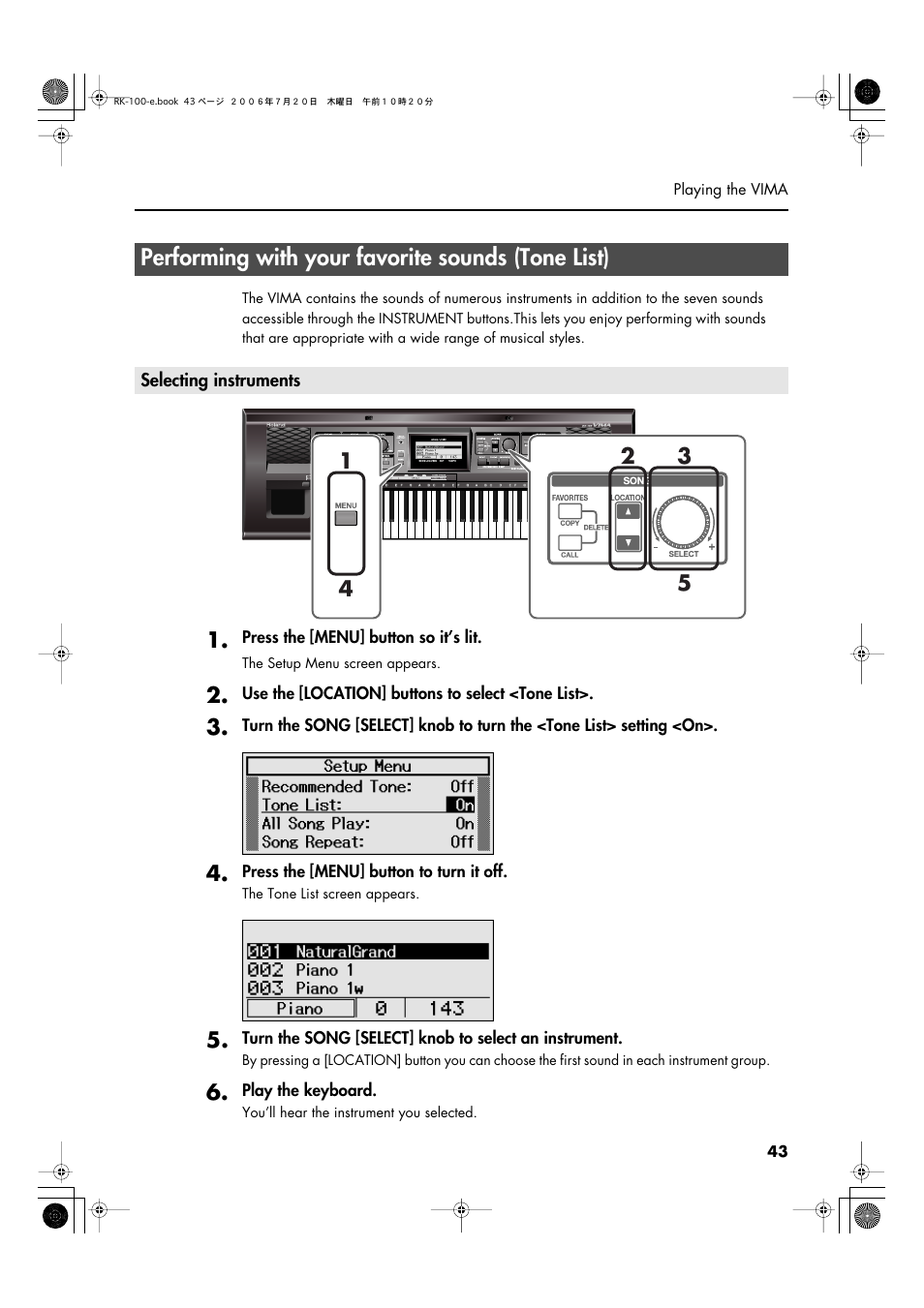 Performing with your favorite sounds (tone list), Selecting instruments | Roland VIMA RK-100 User Manual | Page 43 / 76