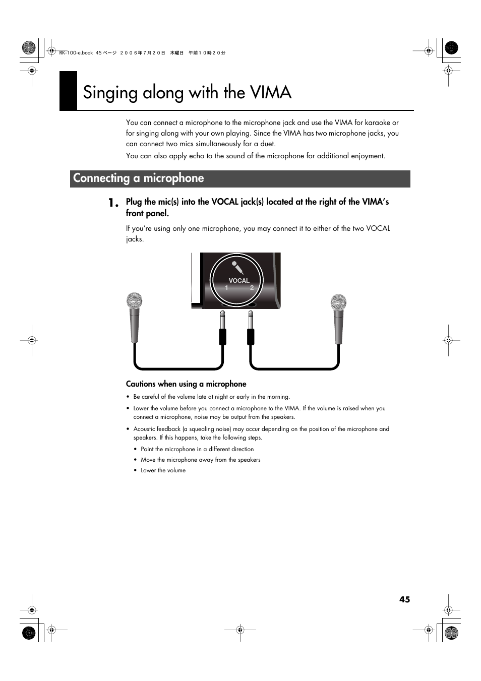 Singing along with the vima, Connecting a microphone, Together (p. 45) | Roland VIMA RK-100 User Manual | Page 45 / 76