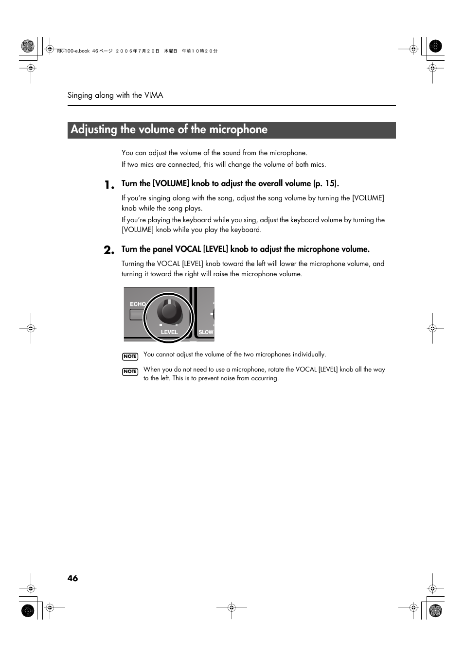 Adjusting the volume of the microphone, P. 46) | Roland VIMA RK-100 User Manual | Page 46 / 76