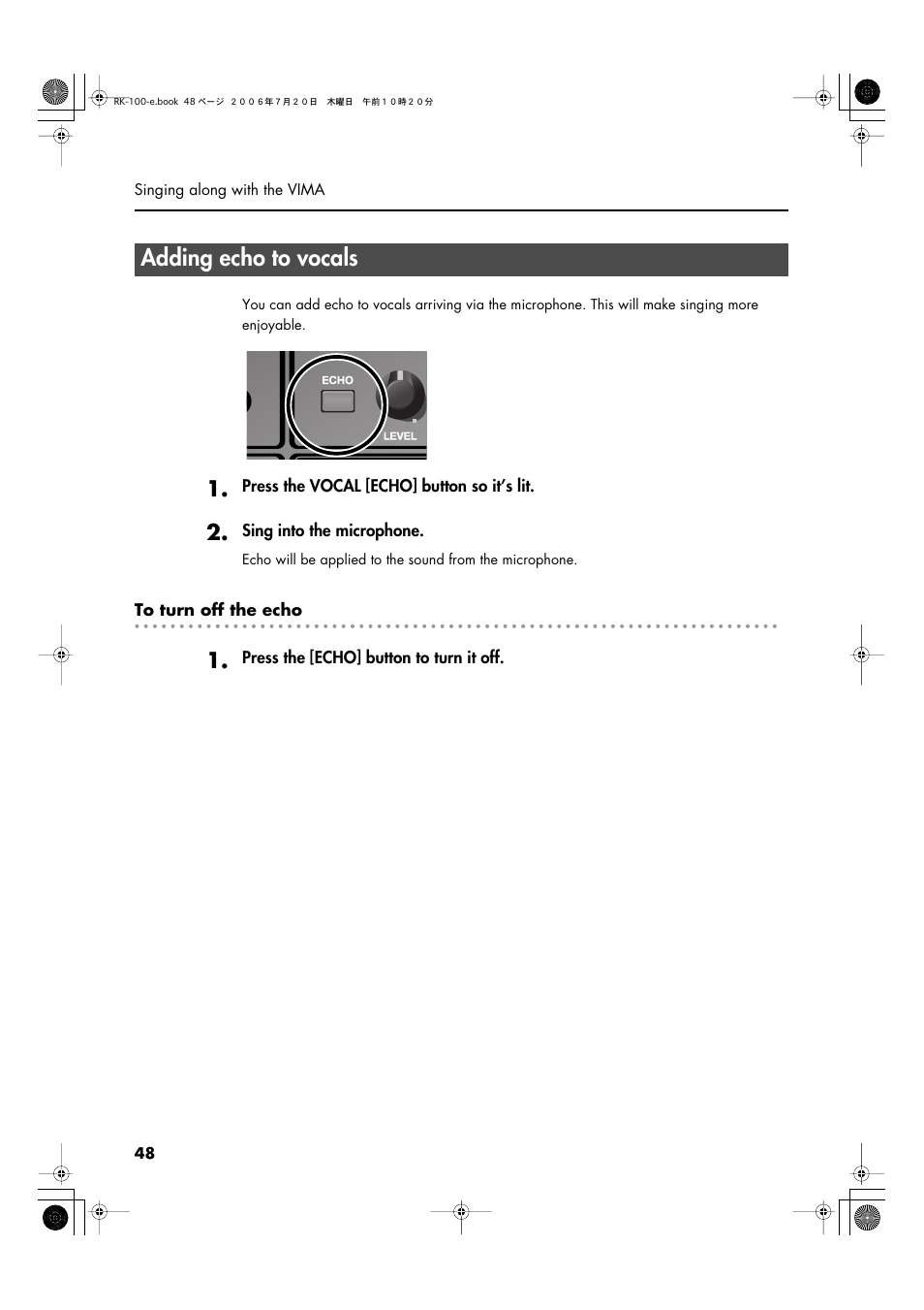 Adding echo to vocals | Roland VIMA RK-100 User Manual | Page 48 / 76