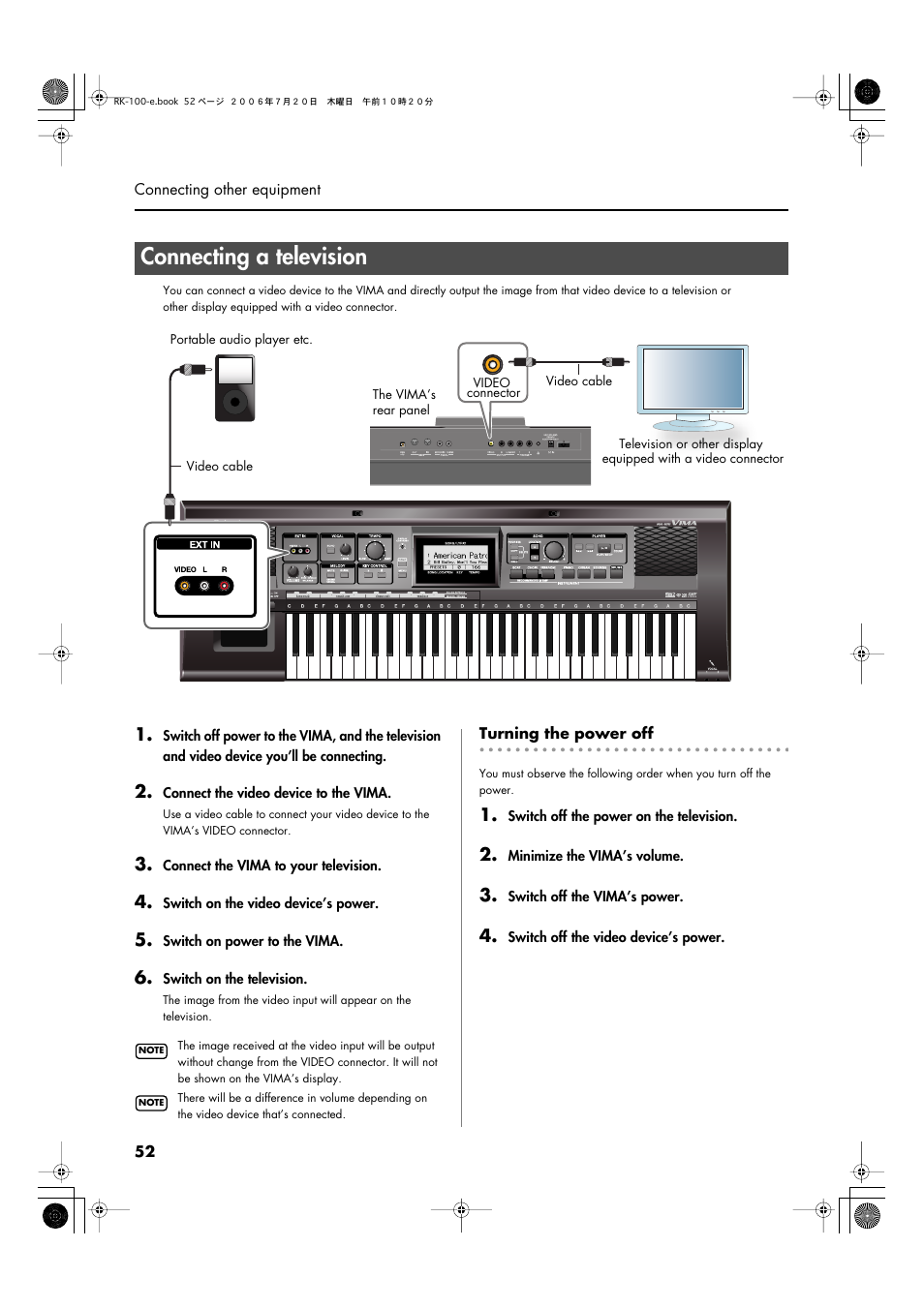 Connecting a television | Roland VIMA RK-100 User Manual | Page 52 / 76