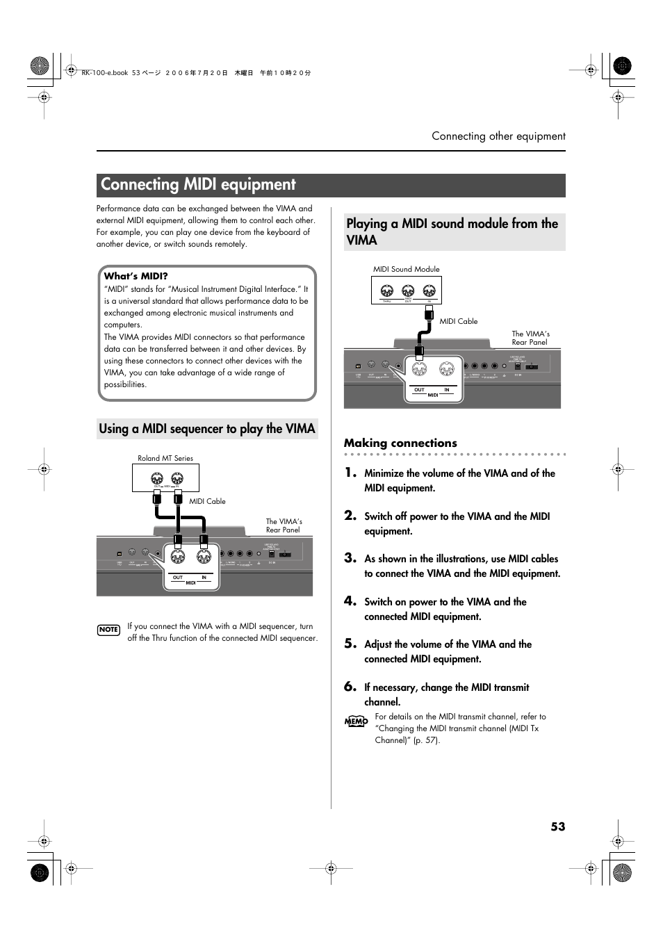 Connecting midi equipment, Using a midi sequencer to play the vima, Playing a midi sound module from the vima | Transfer performance data (p. 53) | Roland VIMA RK-100 User Manual | Page 53 / 76