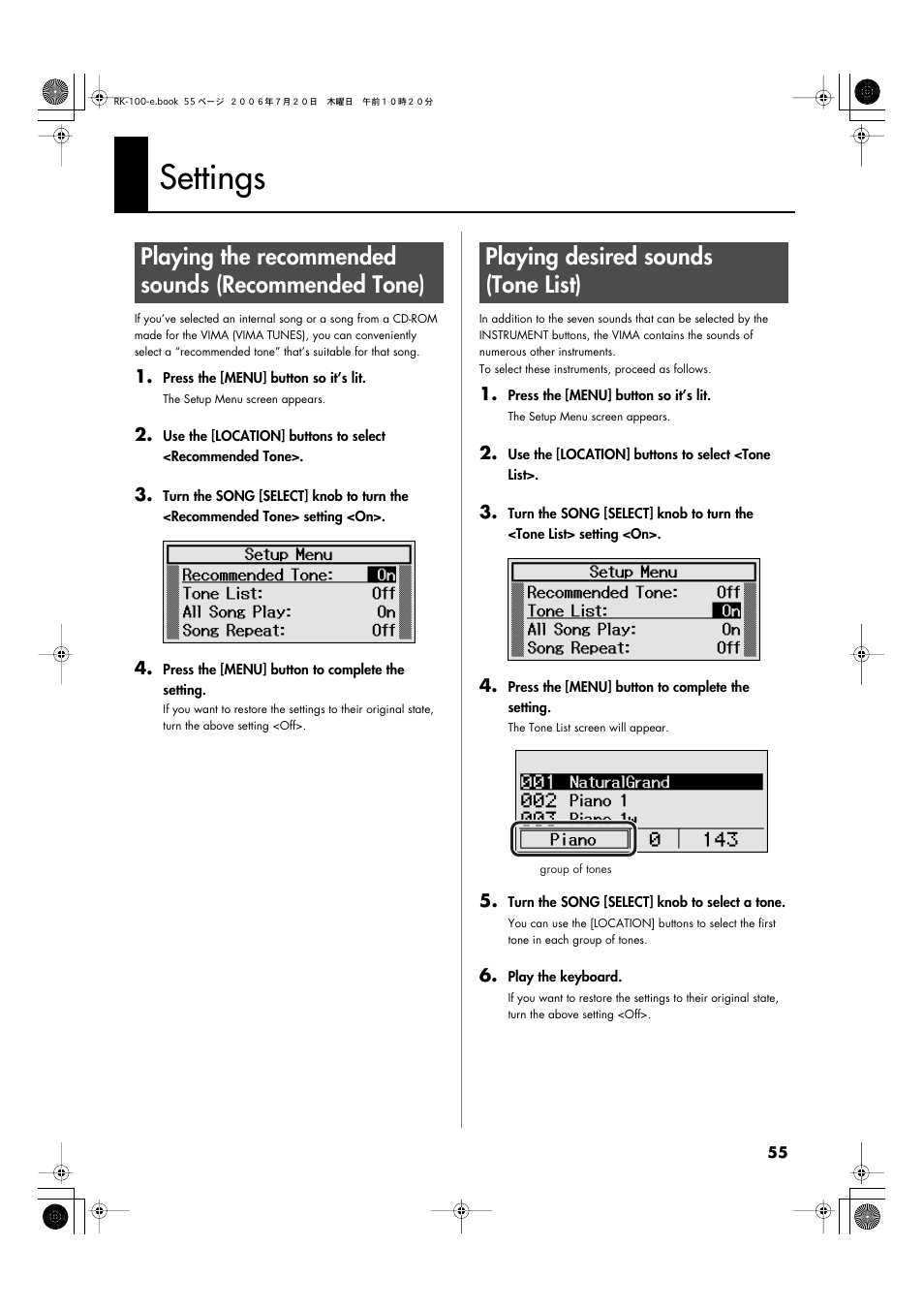 Settings, Playing the recommended sounds (recommended tone), Playing desired sounds (tone list) | Roland VIMA RK-100 User Manual | Page 55 / 76