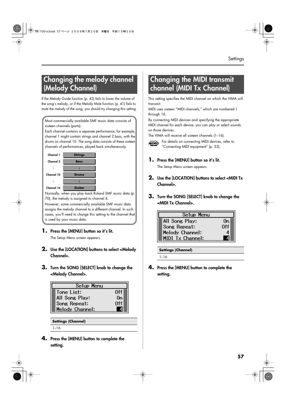 Changing the melody channel (melody channel) | Roland VIMA RK-100 User Manual | Page 57 / 76