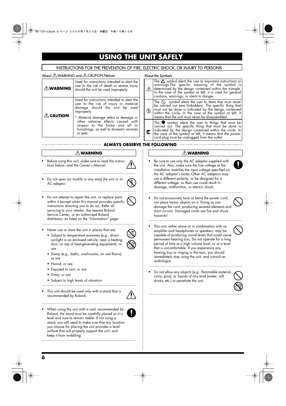 Using the unit safely | Roland VIMA RK-100 User Manual | Page 6 / 76