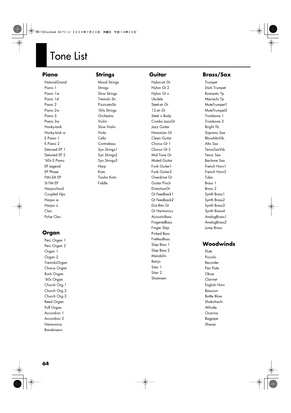 Tone list | Roland VIMA RK-100 User Manual | Page 64 / 76