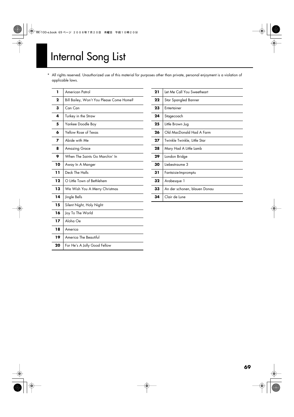 Internal song list, Internal song list” (p. 69) | Roland VIMA RK-100 User Manual | Page 69 / 76