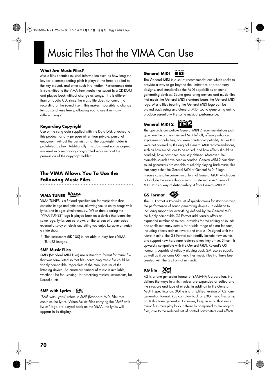 Music files that the vima can use | Roland VIMA RK-100 User Manual | Page 70 / 76