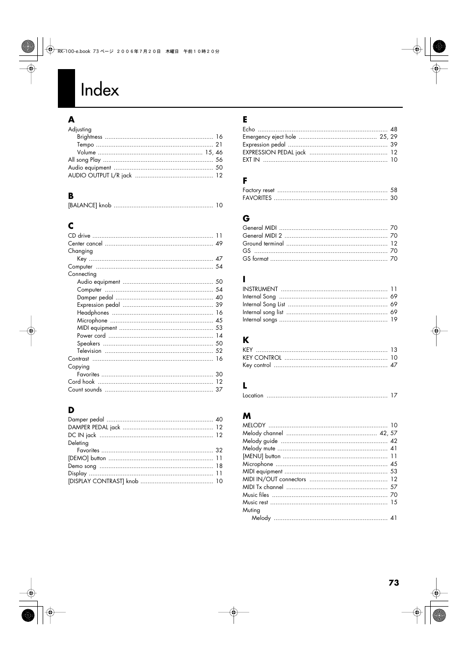 Index | Roland VIMA RK-100 User Manual | Page 73 / 76