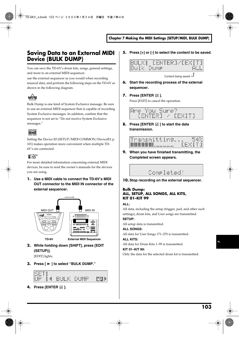 Saving data to an external midi device (bulk dump), Saving data to an external midi, Device (bulk dump) | Roland TD-6V User Manual | Page 103 / 148