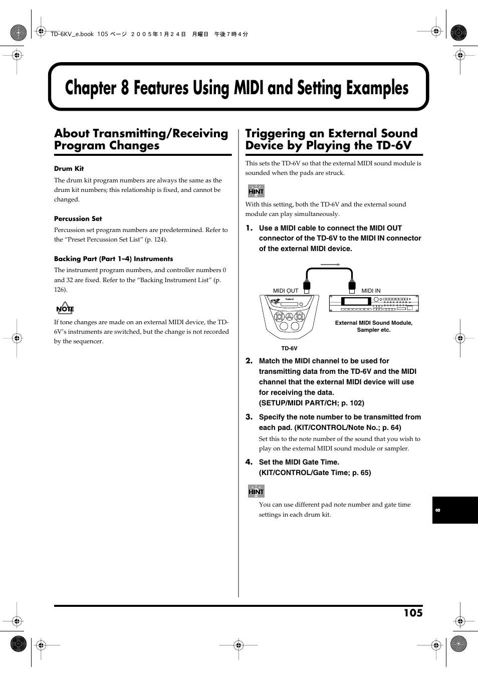 Chapter 8 features using midi and setting examples, About transmitting/receiving program changes | Roland TD-6V User Manual | Page 105 / 148