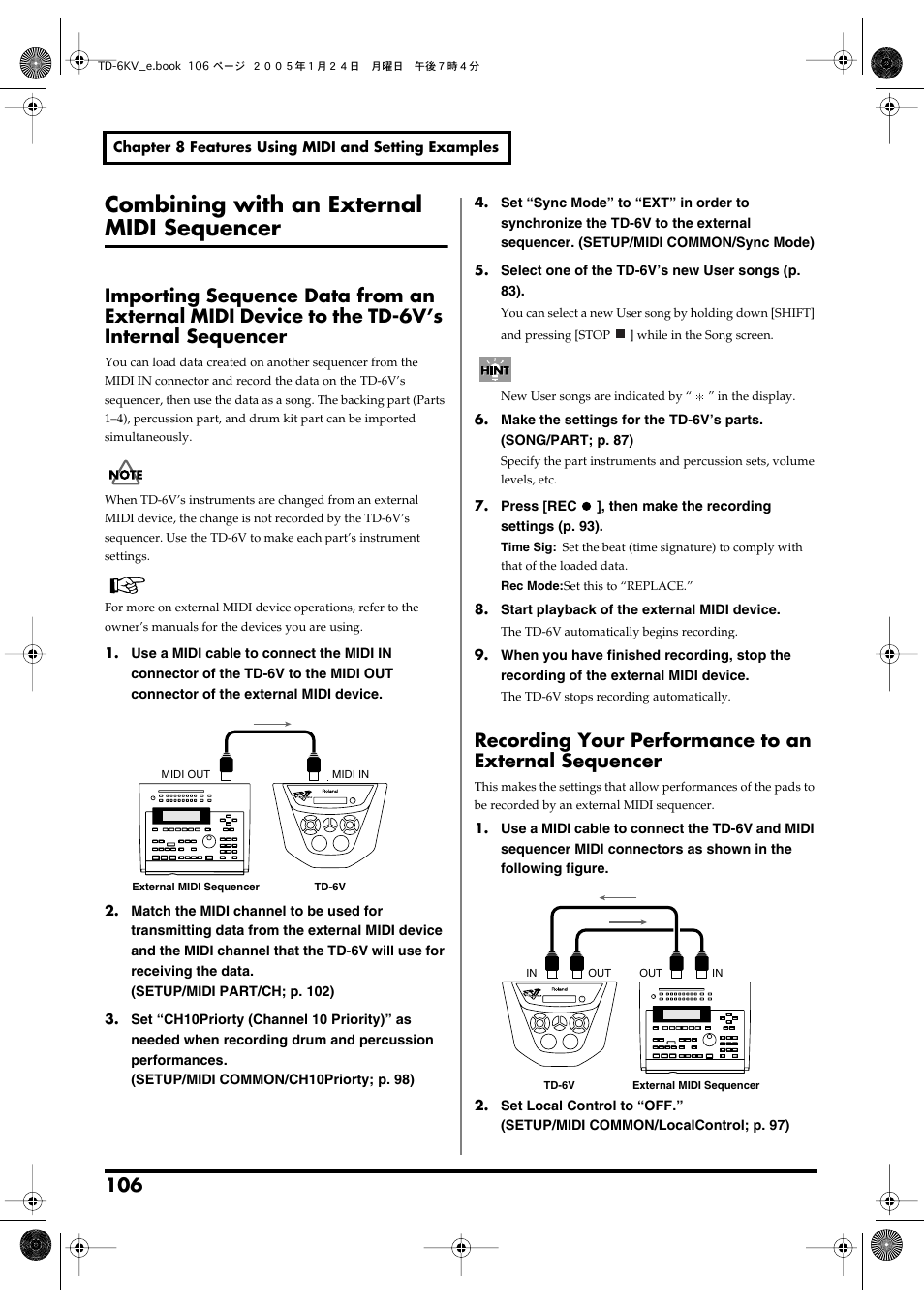 Combining with an external midi sequencer, Sequencer (p. 106) | Roland TD-6V User Manual | Page 106 / 148