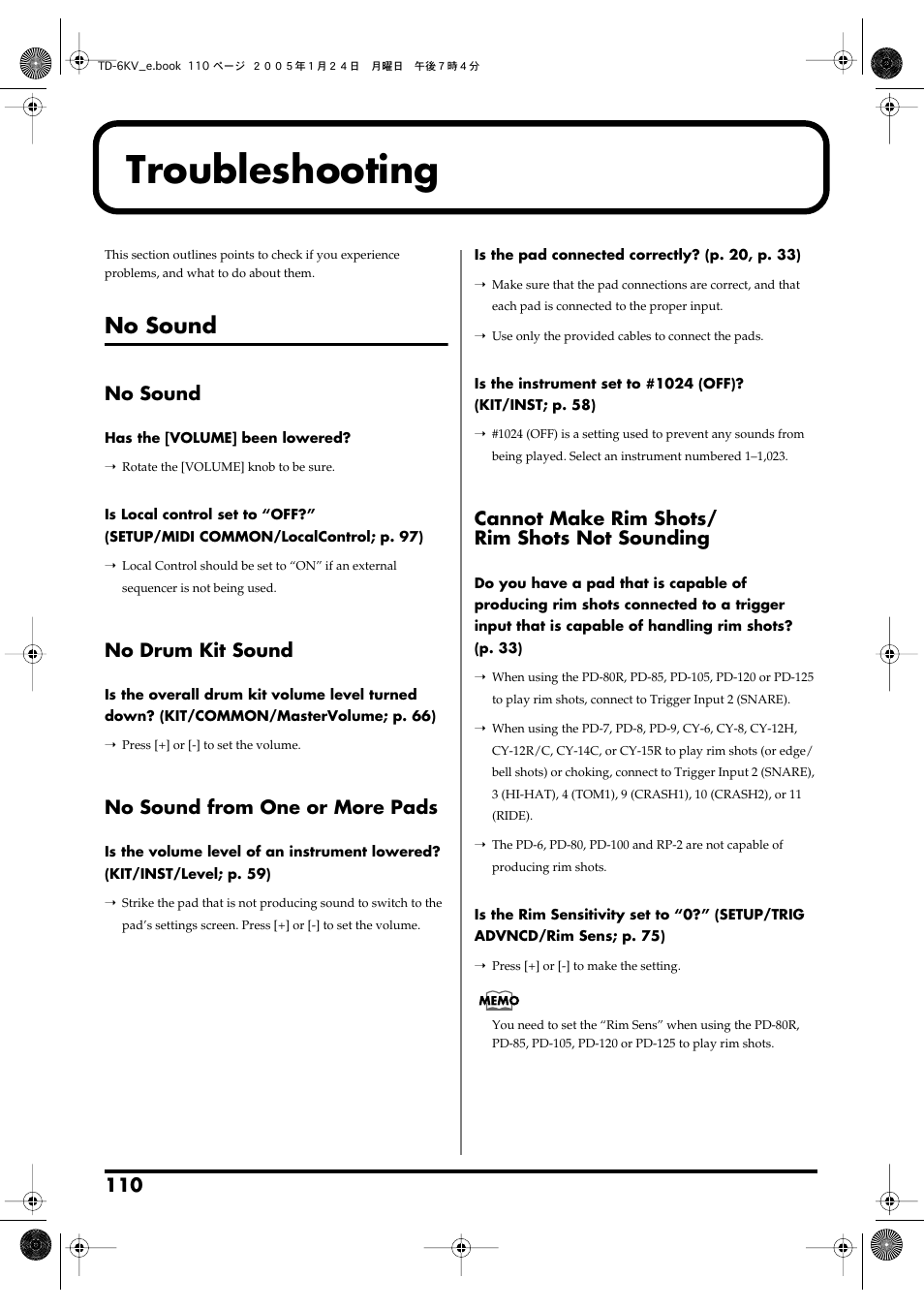 Troubleshooting, No sound, No drum kit sound | No sound from one or more pads, Cannot make rim shots/ rim shots not sounding | Roland TD-6V User Manual | Page 110 / 148