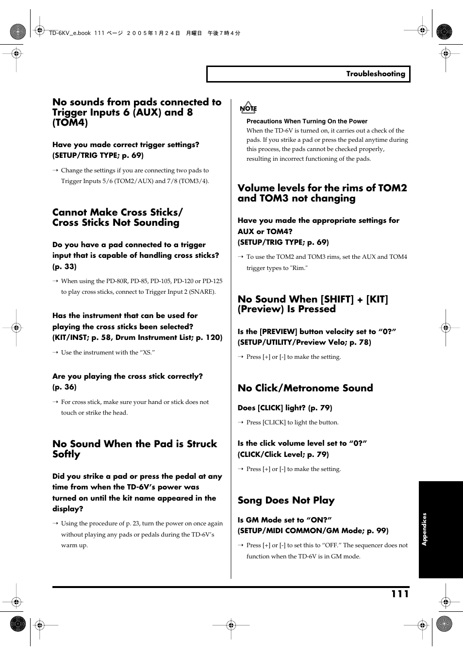 No sound when the pad is struck softly, No sound when [shift] + [kit] (preview) is pressed, No click/metronome sound | Song does not play | Roland TD-6V User Manual | Page 111 / 148