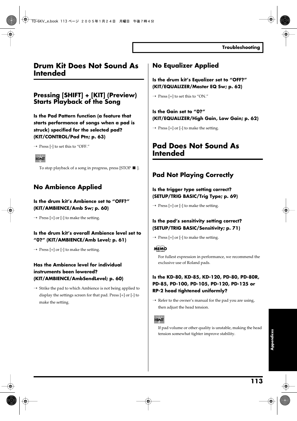 Drum kit does not sound as intended, Pad does not sound as intended, No ambience applied | No equalizer applied, Pad not playing correctly | Roland TD-6V User Manual | Page 113 / 148