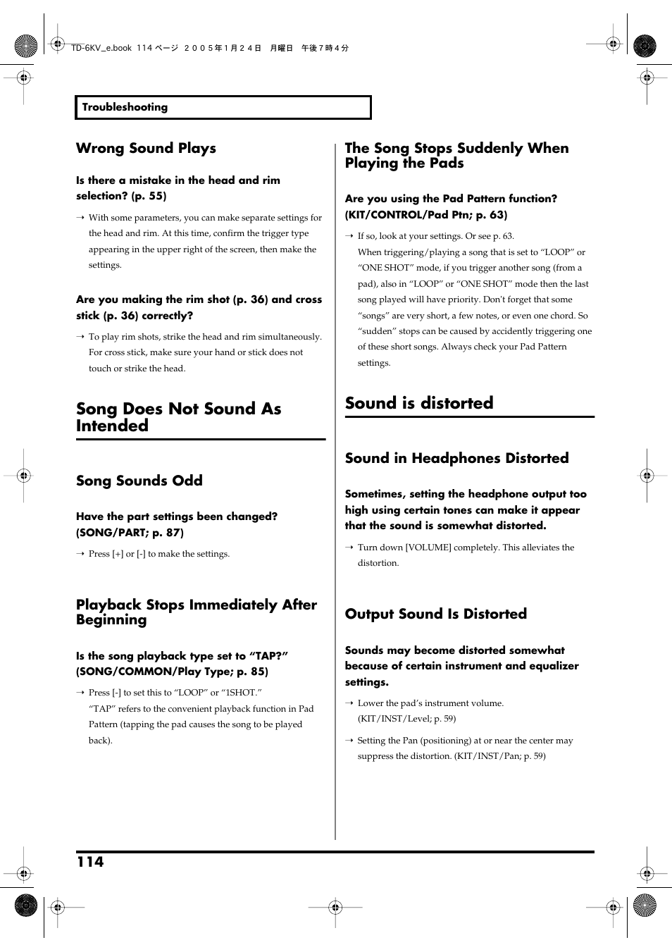 Song does not sound as intended, Sound is distorted, Wrong sound plays | Song sounds odd, Playback stops immediately after beginning, The song stops suddenly when playing the pads, Sound in headphones distorted, Output sound is distorted | Roland TD-6V User Manual | Page 114 / 148