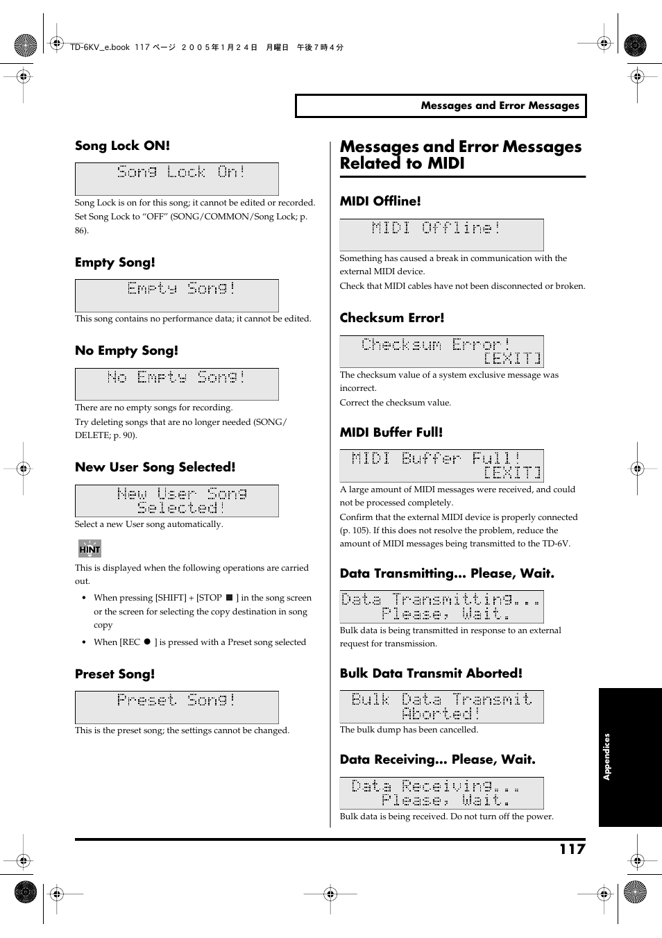 Messages and error messages related to midi, Song lock on, Empty song | No empty song, New user song selected, Preset song, Midi offline, Checksum error, Midi buffer full, Data transmitting... please, wait | Roland TD-6V User Manual | Page 117 / 148