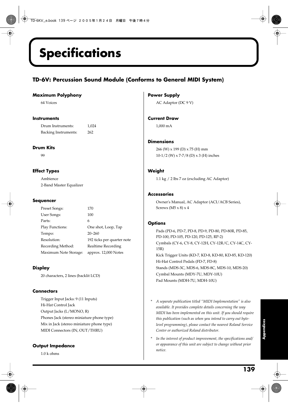 Specifications | Roland TD-6V User Manual | Page 139 / 148